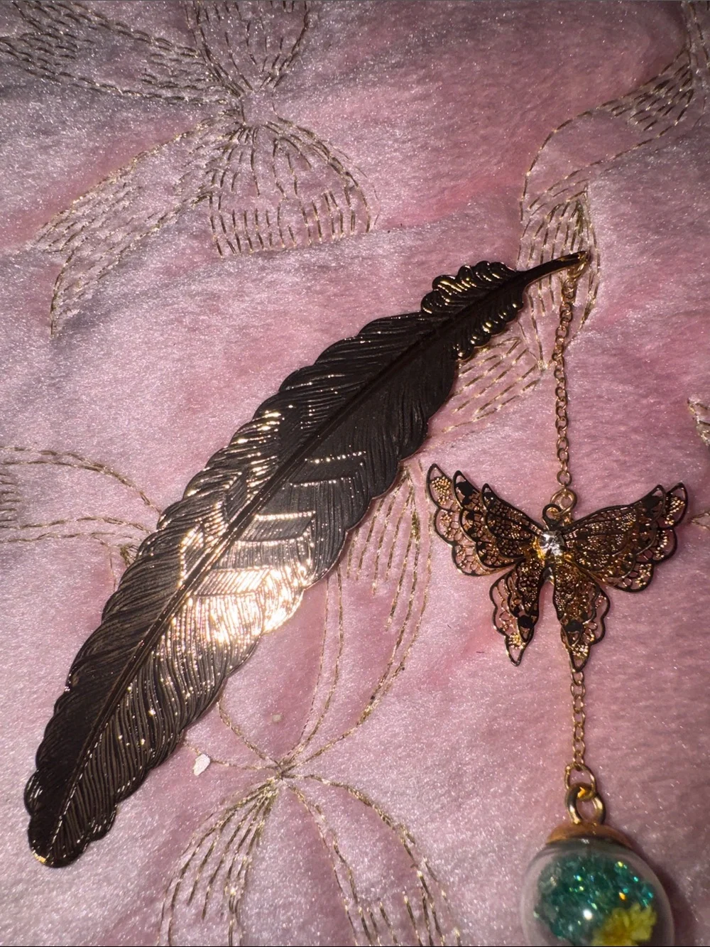 Gold Butterfly Feather Bookmark Necklace with Glass Globe Charm - Women Jewelry
